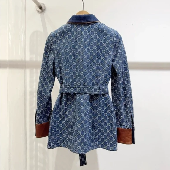 🚩steal Authentic Gucci Blue Denim Jacket with Brown Leather Details - Picture 2 of 6